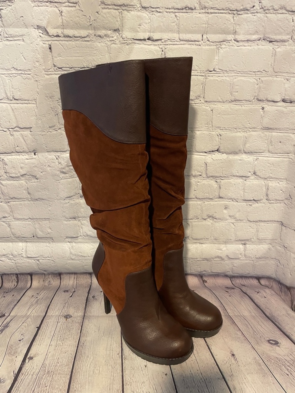 Jessica Simpson Two-Tone Brown Suede & Leather Knee-High Heeled Boots 9.5